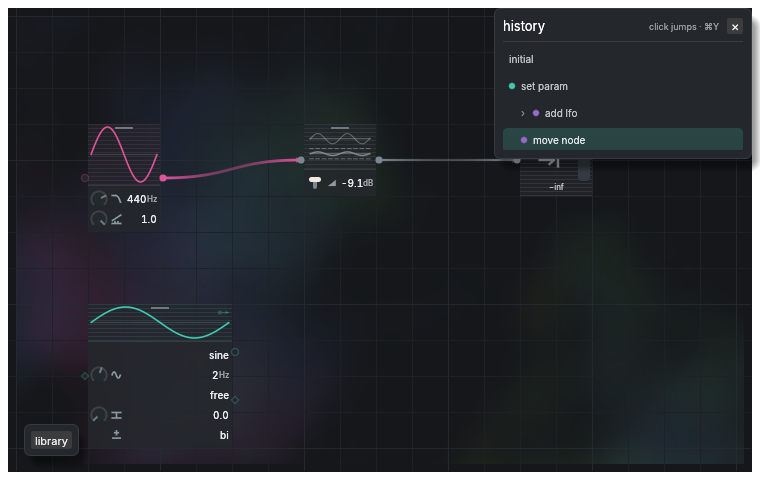 The history panel over a patch: initial, set param, add lfo, move node — each step a dot in one list