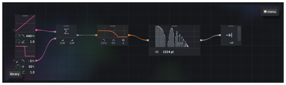 A Simply Flux patch: an oscillator into a sum, a filter, a spectrum display and the output, joined by coloured cables