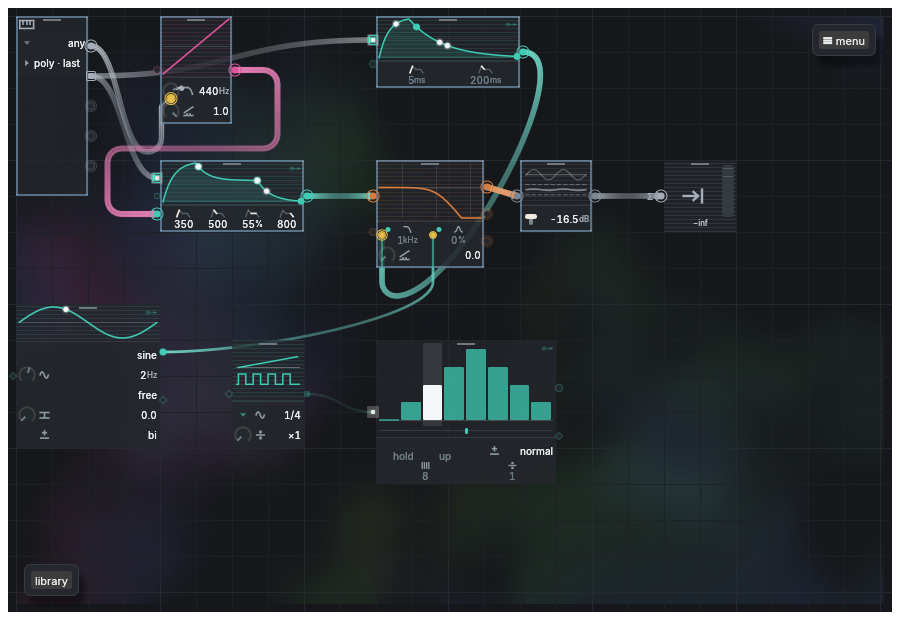A Simply Flux voice: a keyboard block into an oscillator, two envelopes, a filter and the output; an LFO and a step sequencer below, cables in the colour of what they carry