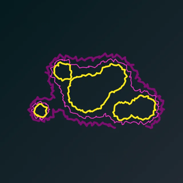 Jagged yellow, pink and purple contour lines around blobs on near-black