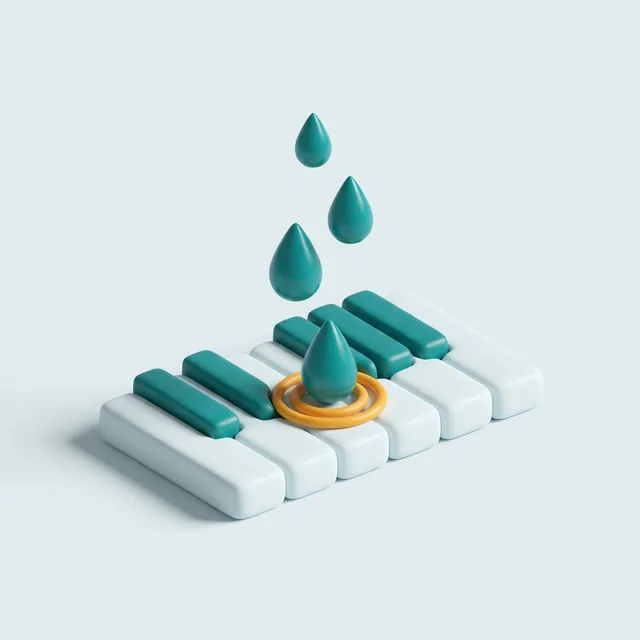 Teal clay drops falling onto a short run of piano keys, an amber ripple where one lands
