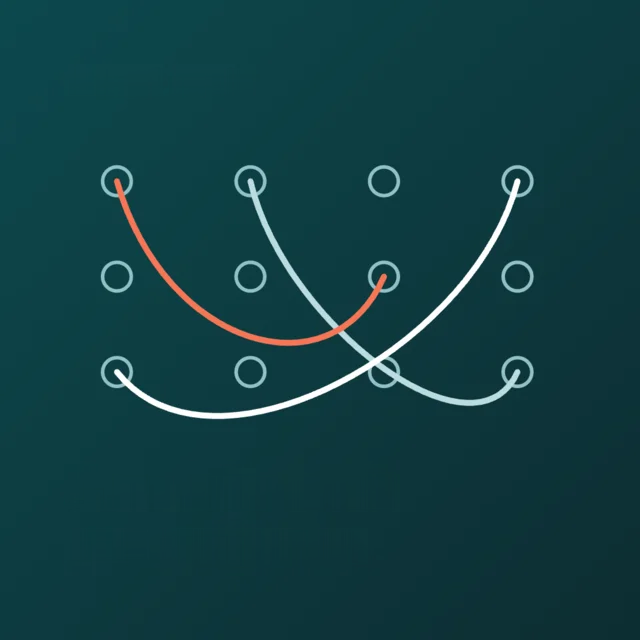 A grid of patch points on dark teal, joined by coral, pale teal and white cables