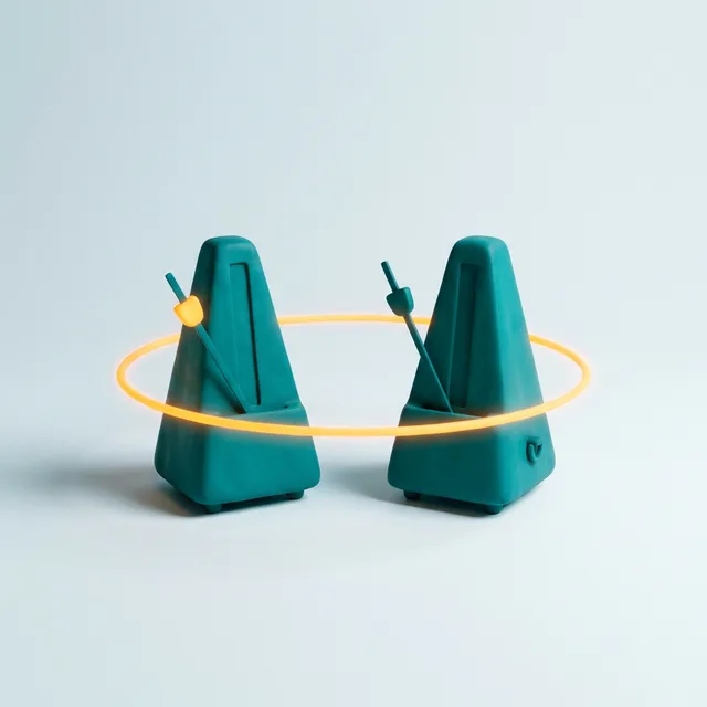 Two teal clay metronomes ticking in sync inside a glowing amber pulse ring, one pendulum tipped amber
