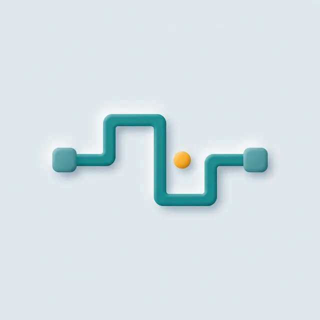 An extruded teal pulse-wave ribbon running between two nodes, an amber dot travelling along it