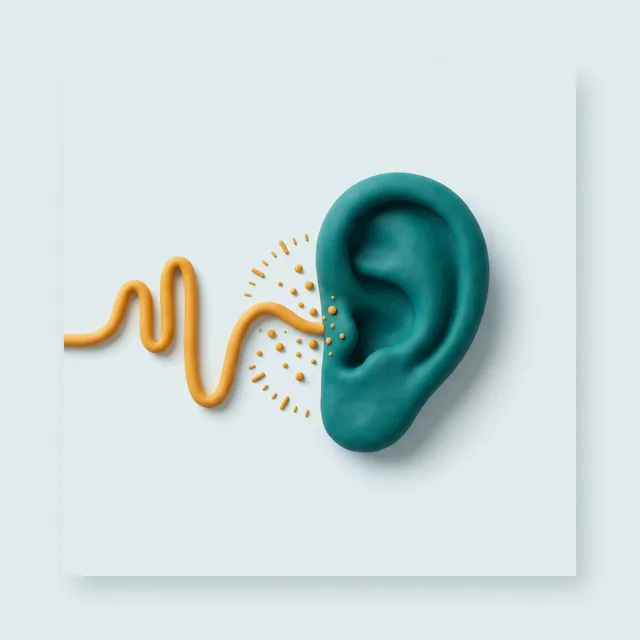 A teal clay ear listening to a waveform that breaks into amber analysis ticks